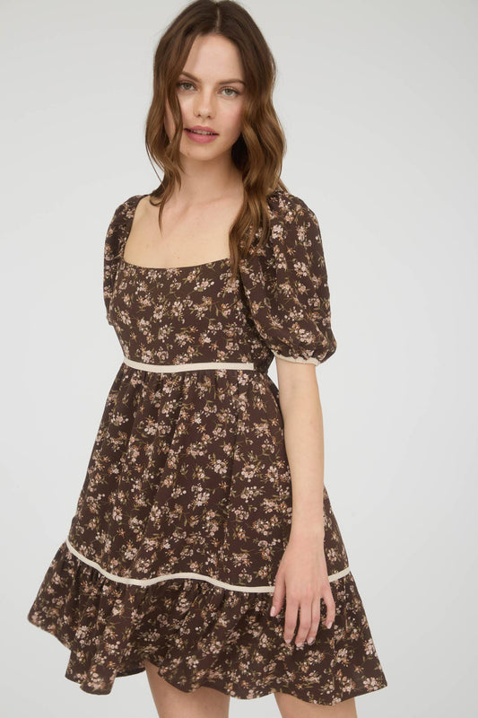 FLORAL CONTRAST TRIM DETAIL PUFF SLEEVES MINI DRESS