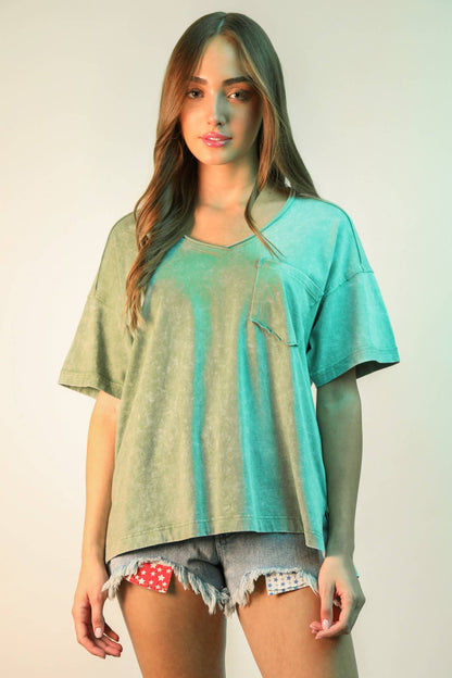 NT11966-Mineral Washed V-Neck Knit Top
