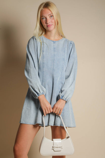 -Mineral Washed Denim Seam Detail Mini Dress