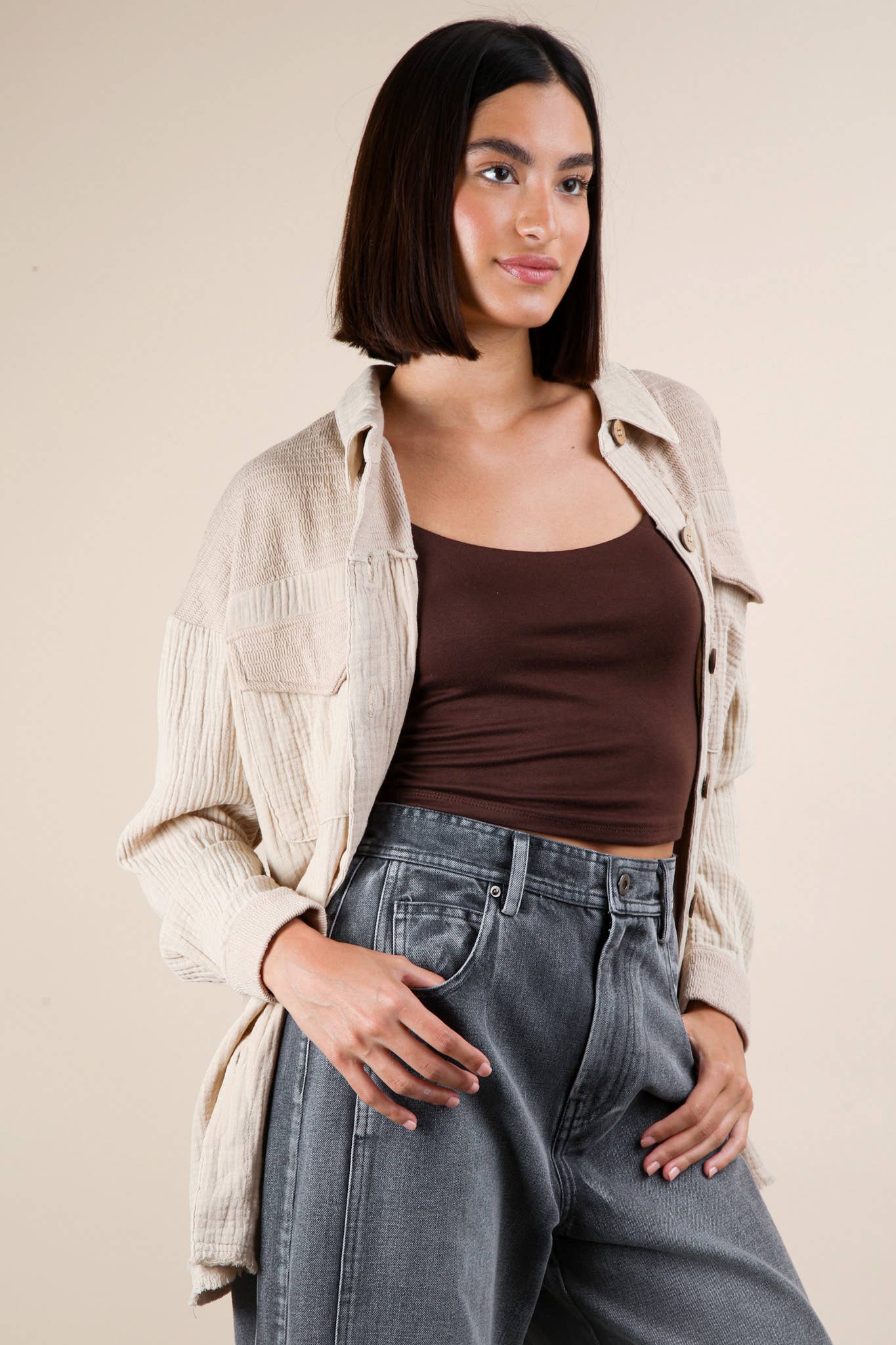 NJ90360-Mineral Washed Oversized Gauze Shacket Jacket