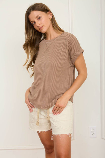 RIBBED CREW NECK SHORT CUFF SLEEVE KNIT TOP