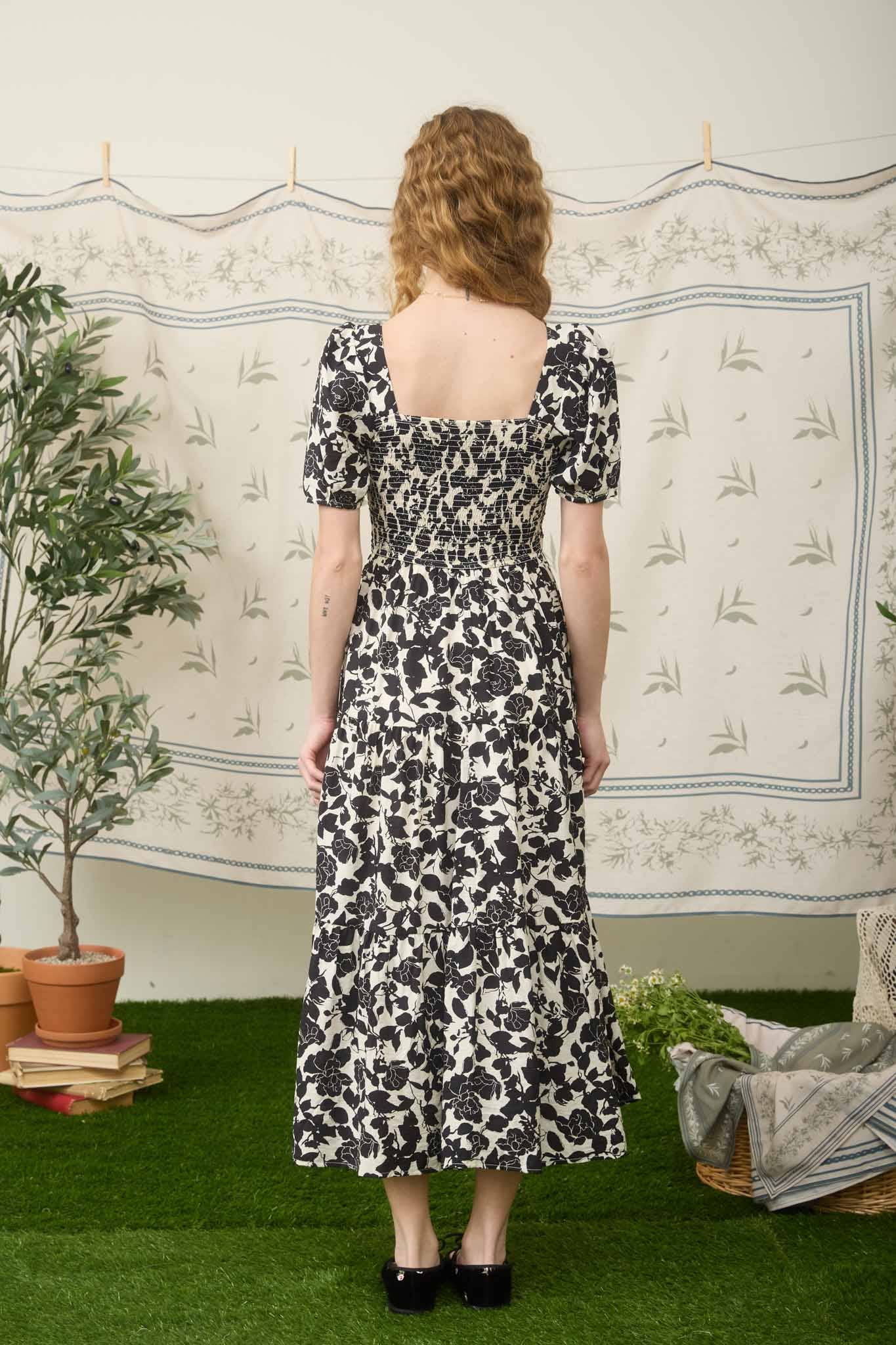 FLORAL PUFF SLEEVE SMOCKED TIERED MIDI DRESS