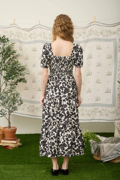 FLORAL PUFF SLEEVE SMOCKED TIERED MIDI DRESS