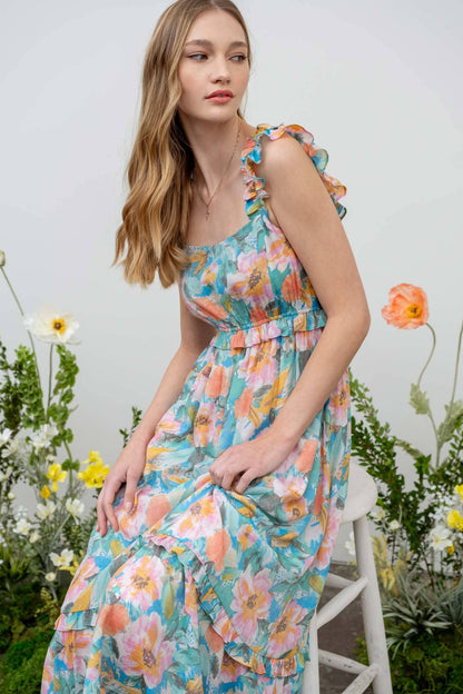 WATERCOLOR FLORAL PRINT RUFFLE MIDI DRESS