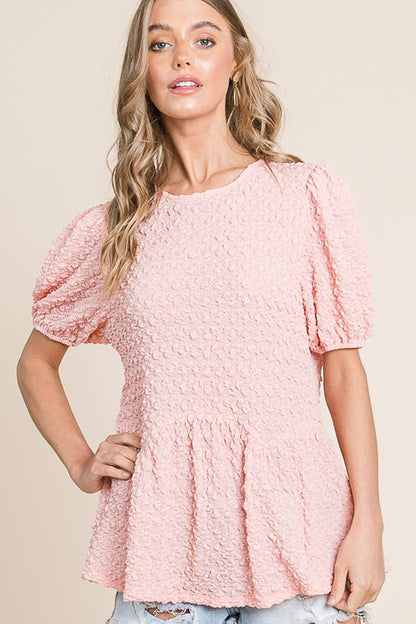 Solid Bubble Textured Short Sleeve Peplum Blouse