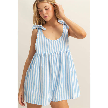 HF25E269-Striped Bow Accent Shoulders Relaxed Fit Romper