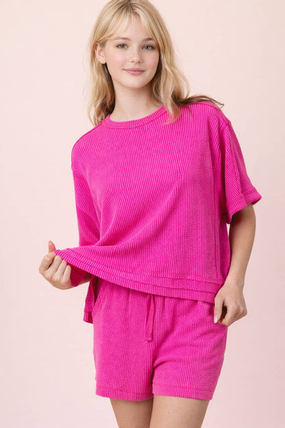 NT12686SET-Ribbed Knit Comfy Top & Shorts Set