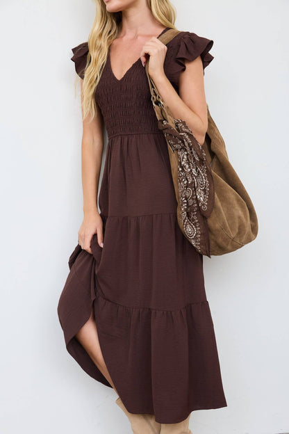 FLUTTER SLEEVE V NECK SMOCKED MIDI DRESS