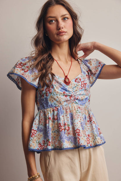 Floral Ruched Peplum Cotton Top FT0046