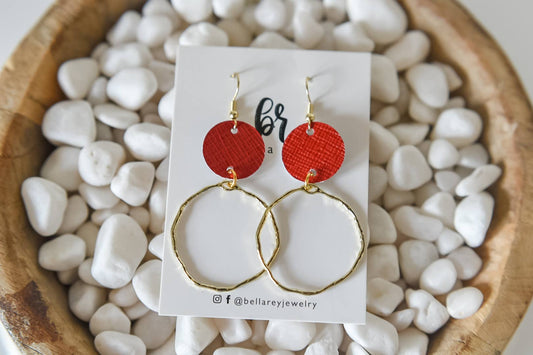 Hazel leather hoop earrings-game day-18k {red}