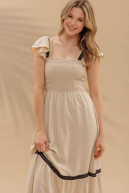CONTRAST DETAIL SMOCKED RUFFLE MIDI DRESS