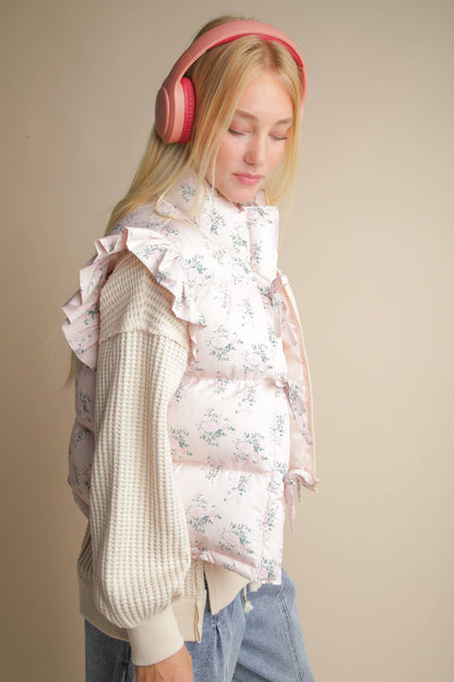 NJ90385-Front Bow Ruffle Sleeve Puffer Vest