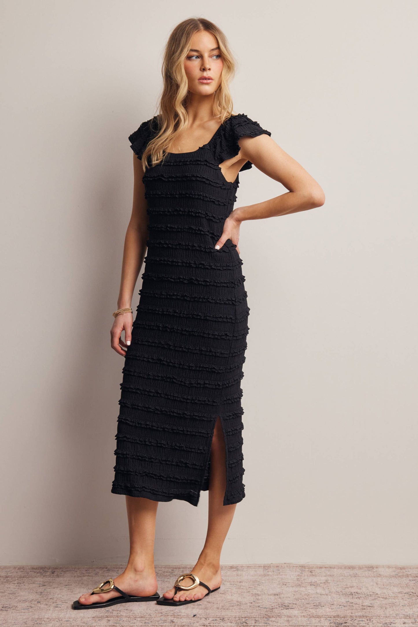Smocked Ruffle Strap Midi Dress