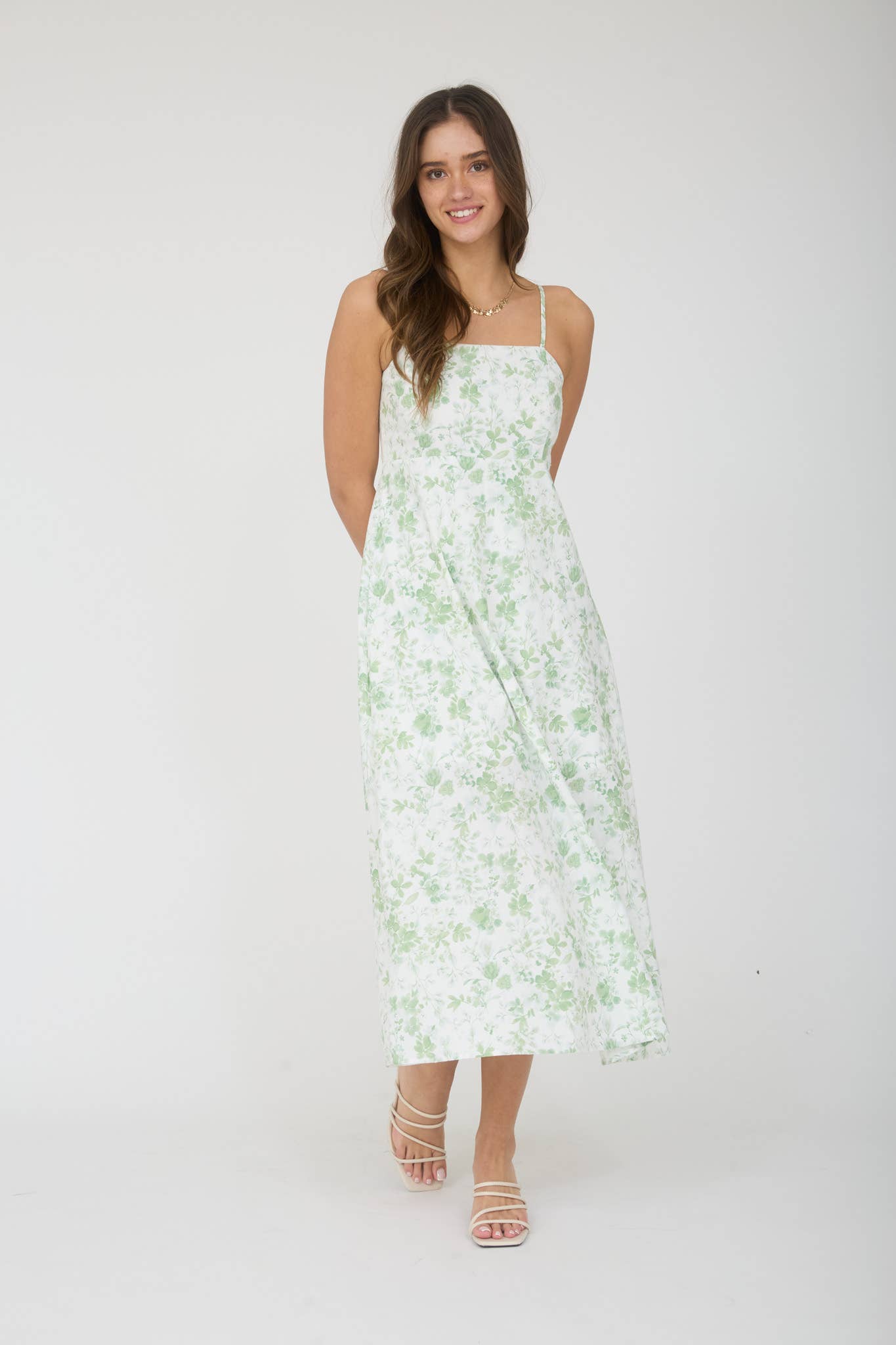 WATERCOLOR FLORAL SPAGHETTI STRAP MIDI DRESS