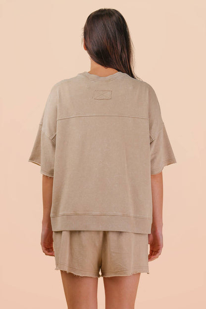 NT12429SET-Mineral Washed Knit Casual Top & Shorts