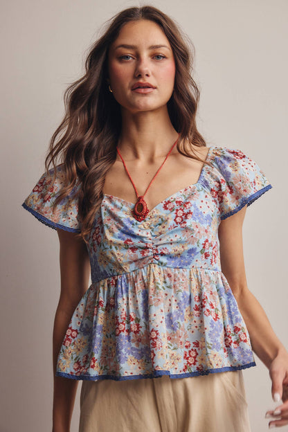 Floral Ruched Peplum Cotton Top FT0046