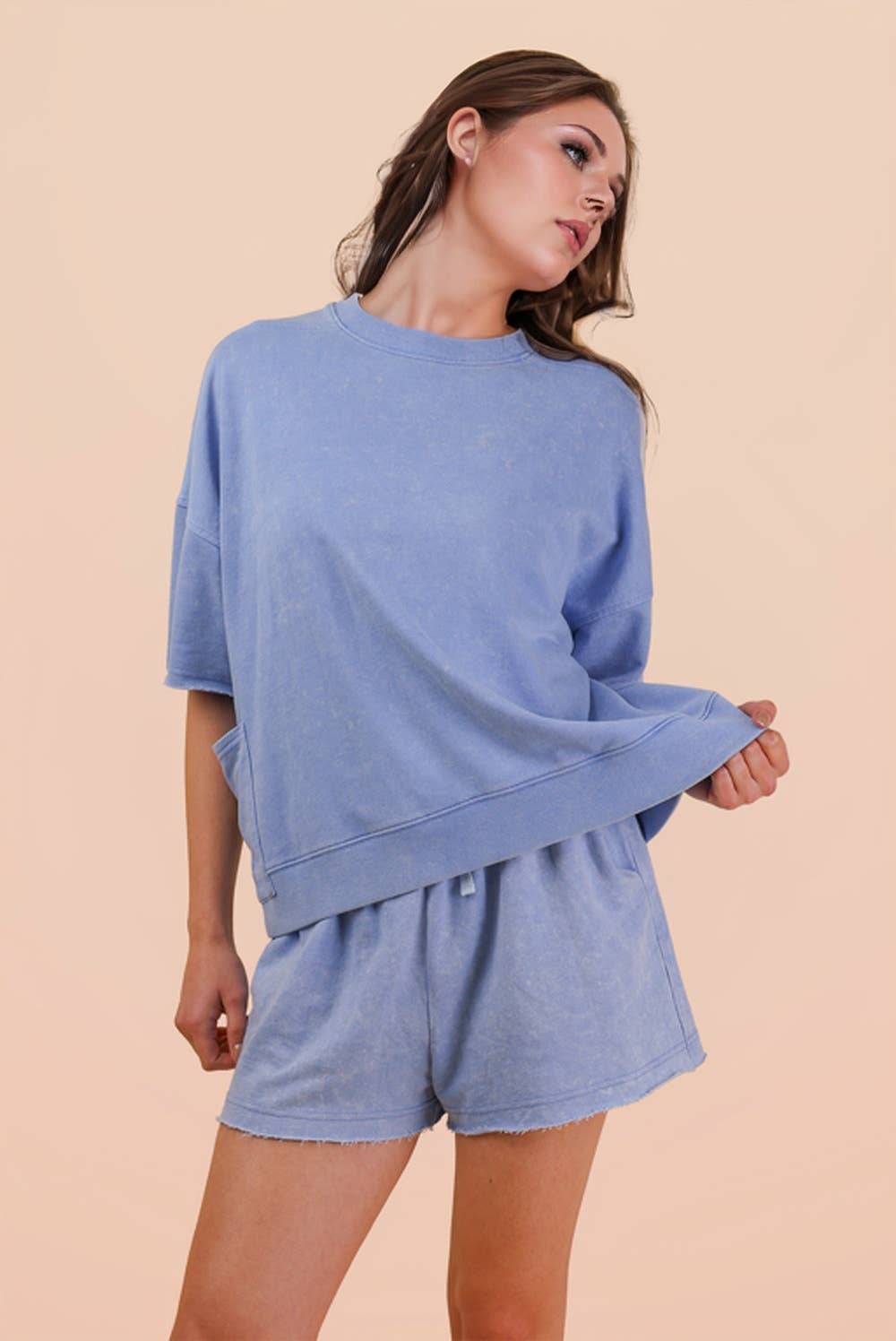 NT12429SET-Mineral Washed Knit Casual Top & Shorts