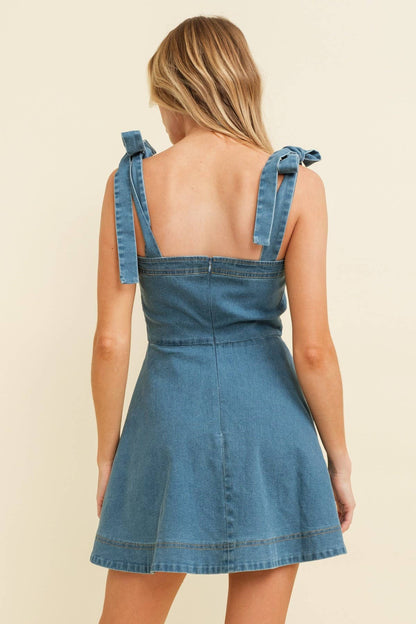 DENIM STRAP TIE MINI DRESS