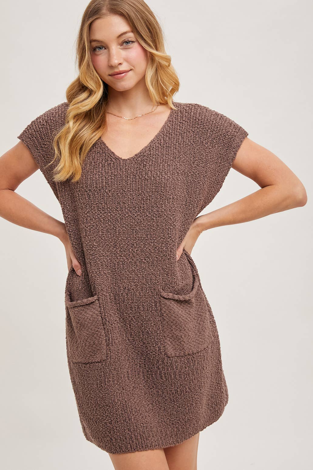V-NECK KNIT SWEATER DRESS WITH POCKETS