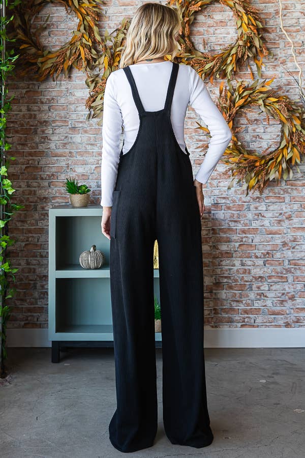 Rib Knit Wide Leg Adjustable Strap Overall Jumpsuit