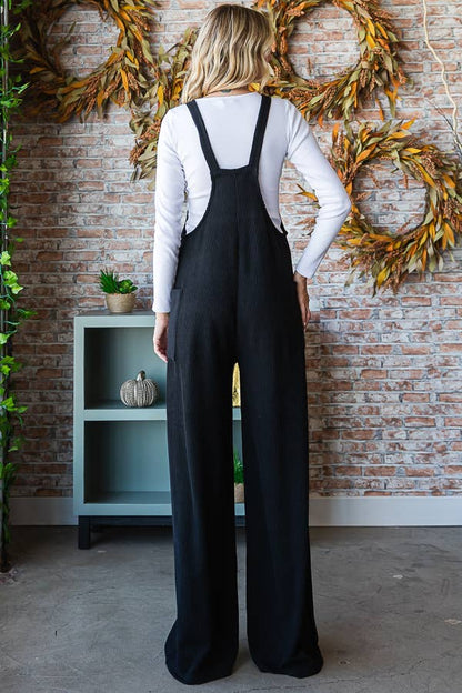 Rib Knit Wide Leg Adjustable Strap Overall Jumpsuit