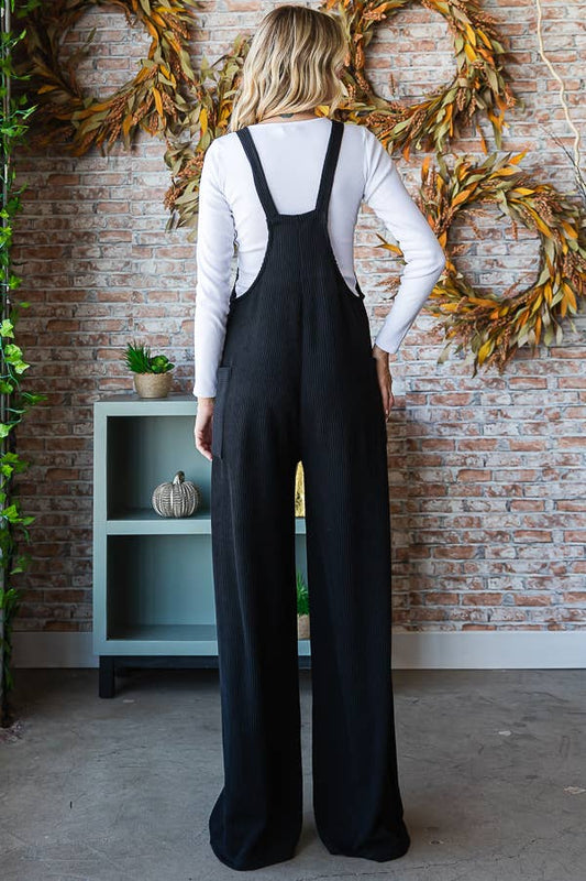 Rib Knit Wide Leg Adjustable Strap Overall Jumpsuit