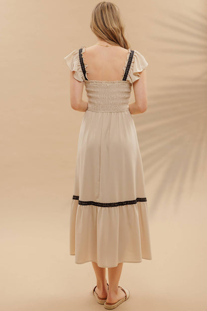 CONTRAST DETAIL SMOCKED RUFFLE MIDI DRESS