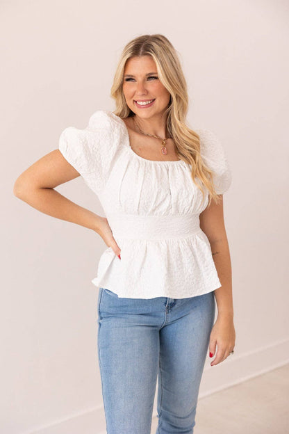 Jacquard Babydoll Top, White