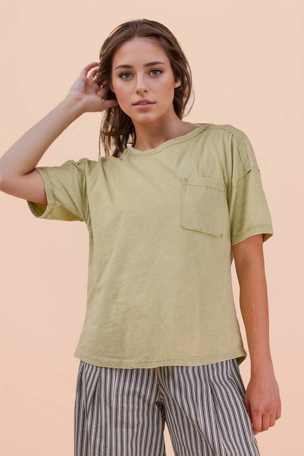NT11108-Mineral Washed Knit Top with Pocket