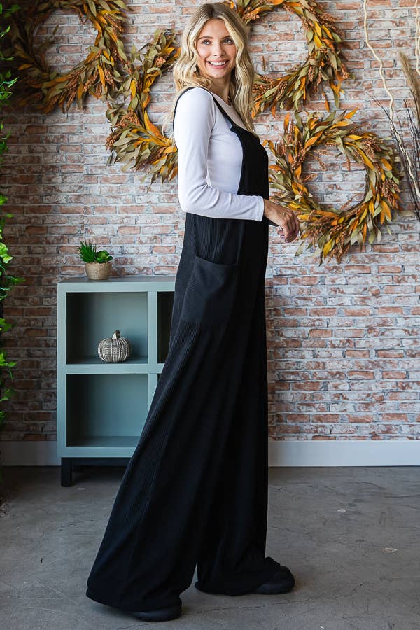 Rib Knit Wide Leg Adjustable Strap Overall Jumpsuit
