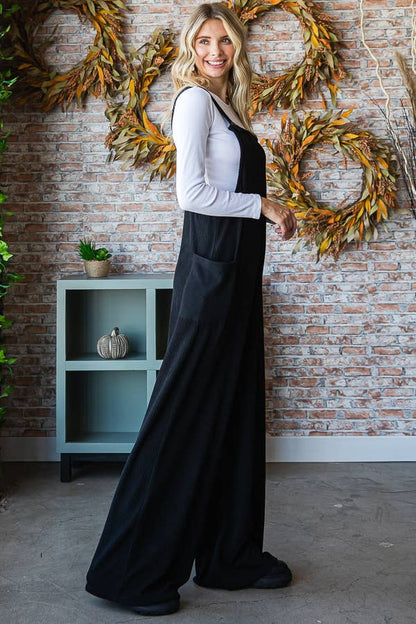 Rib Knit Wide Leg Adjustable Strap Overall Jumpsuit