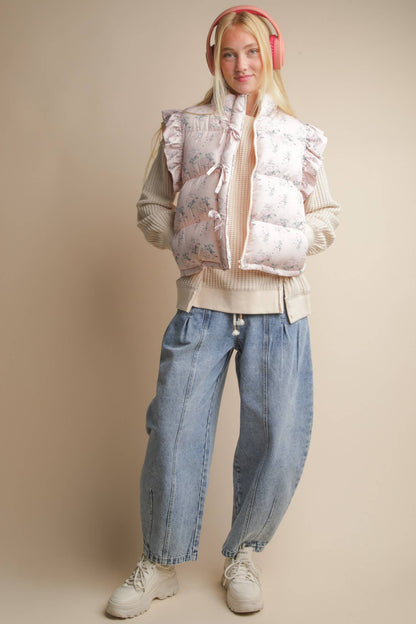 NJ90385-Front Bow Ruffle Sleeve Puffer Vest