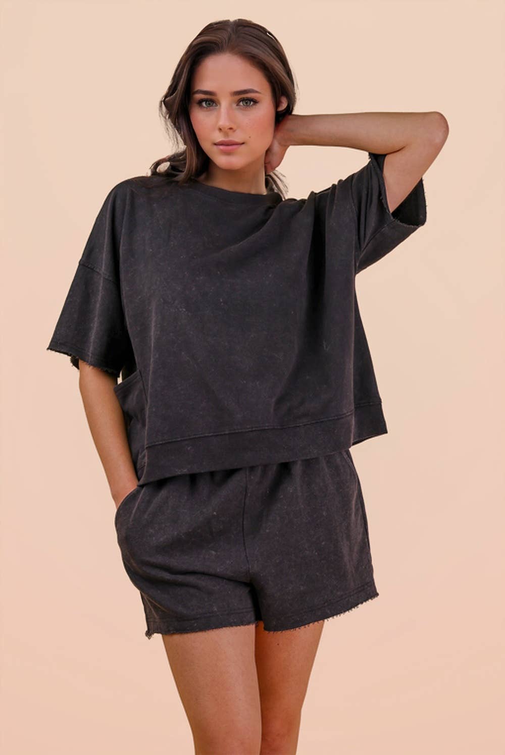 NT12429SET-Mineral Washed Knit Casual Top & Shorts