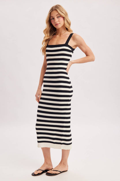 STRIPED SQUARE NECK SLEEVELESS KNIT MIDI DRESS