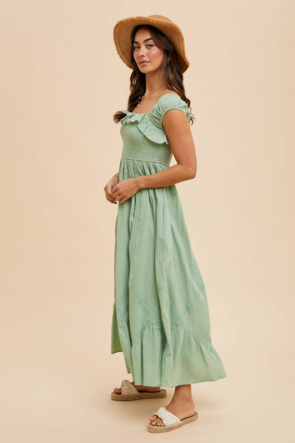 SMOCKED MAXI WITH LACE TRIM DETAIL
