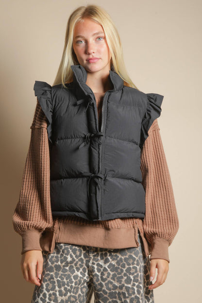 NJ90385-Front Bow Ruffle Sleeve Puffer Vest