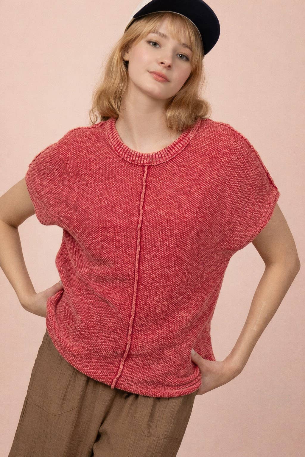 12W3342N-Mineral Washed Knit Casual Sweater Top
