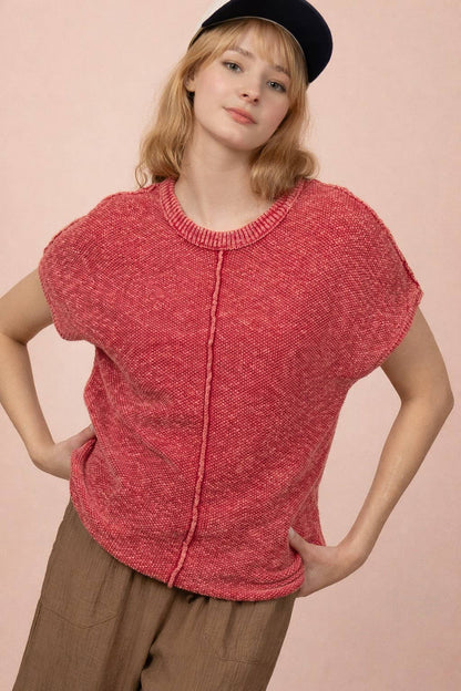 12W3342N-Mineral Washed Knit Casual Sweater Top