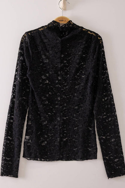 NT12220-High Neck Fitted Sheer Mesh Lace Knit Top