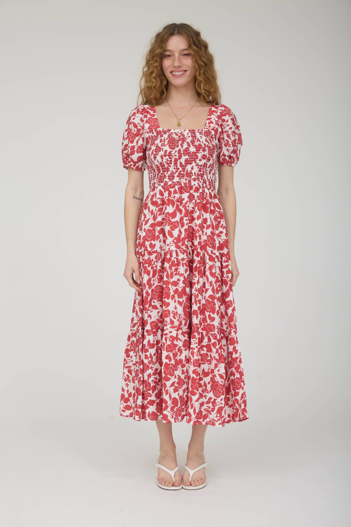FLORAL PUFF SLEEVE SMOCKED TIERED MIDI DRESS