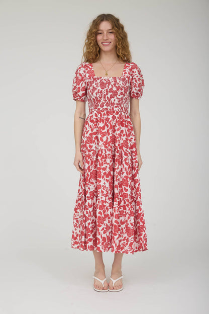 FLORAL PUFF SLEEVE SMOCKED TIERED MIDI DRESS