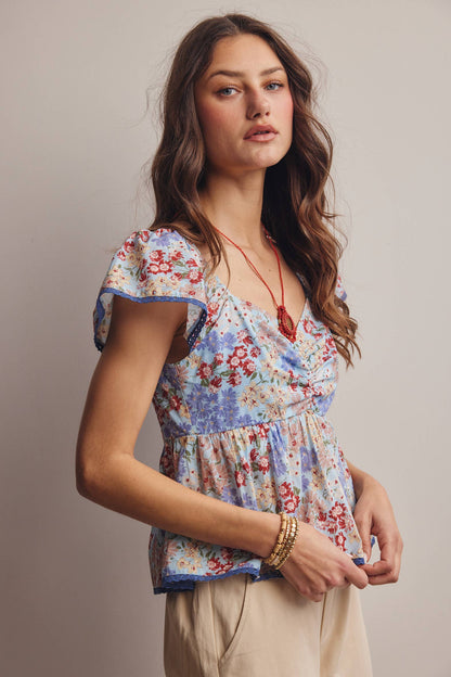 Floral Ruched Peplum Cotton Top FT0046