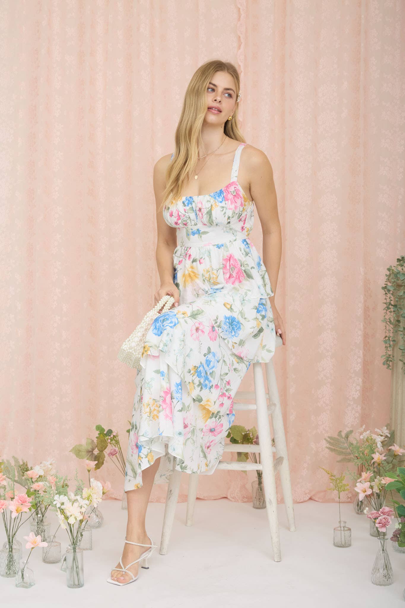 FLORAL SLEEVELESS RUFFLE TIERED SKIRT MIDI DRESS