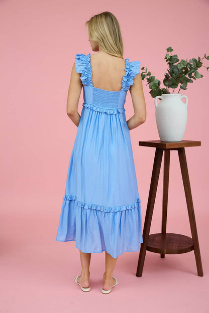 RUFFLE DETAIL EMPIRE WAIST SLEEVELESS MIDI DRESS