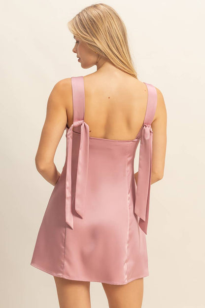 Bow-Tied Shoulder A-Line Sleeveless Satin Dress