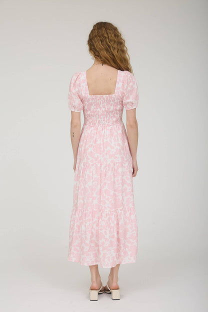 FLORAL PUFF SLEEVE SMOCKED TIERED MIDI DRESS