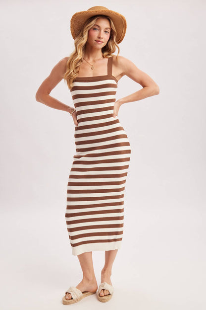 STRIPED SQUARE NECK SLEEVELESS KNIT MIDI DRESS