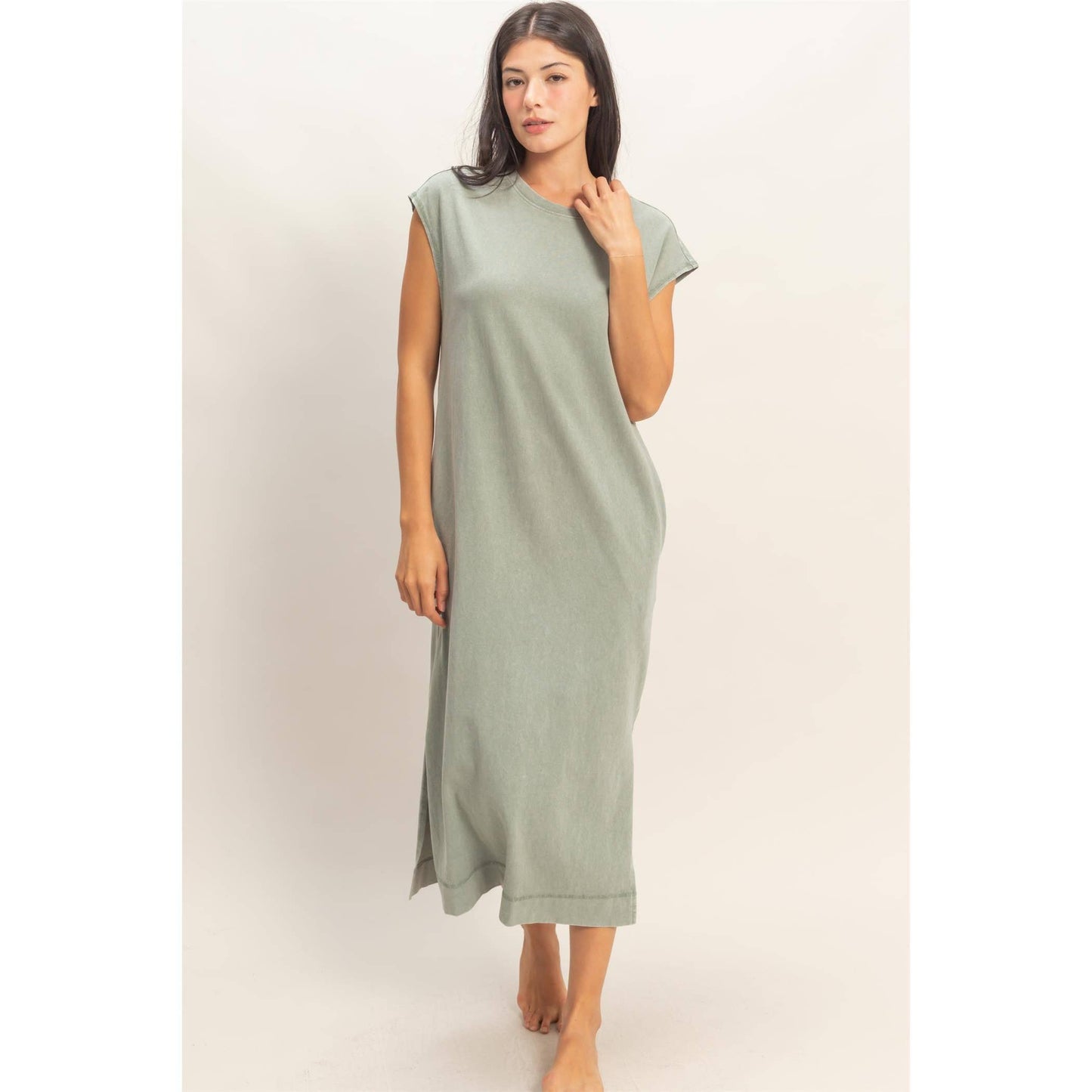 Mineral Wash Cap Sleeve Midi Dress