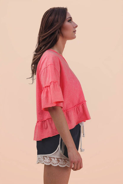 NT12430-Mineral Washed Ruffle Detail Knit Top