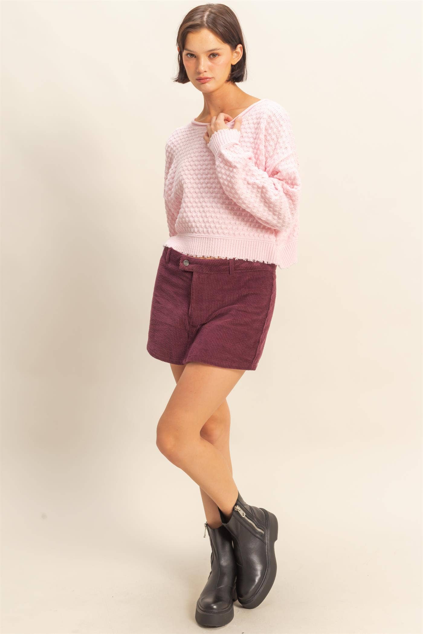 Textured Round Neck Long Sleeve Sweater